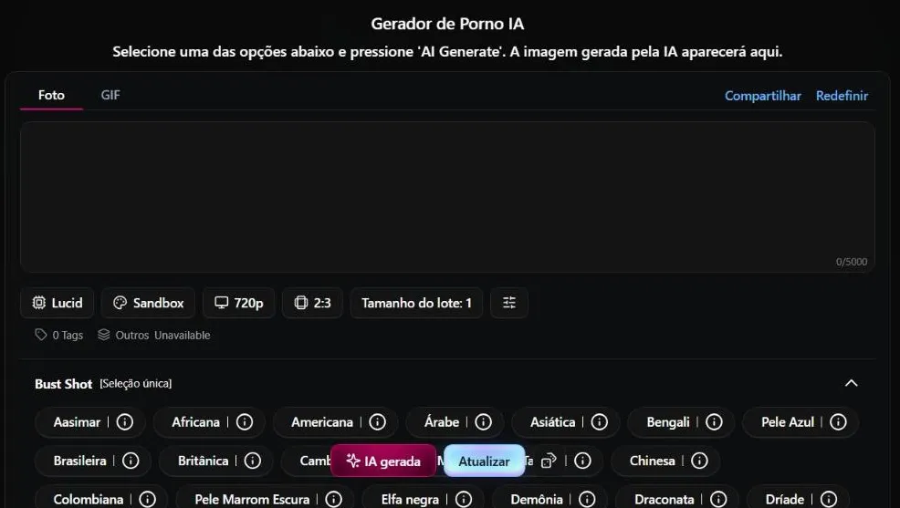 Gerador do CreatePorn em português, com o campo de texto vazio e as tags de estilo