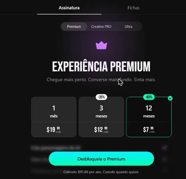 Página de assinatura da Lovescape em português, com os planos Premium de 1, 3 e 12 meses