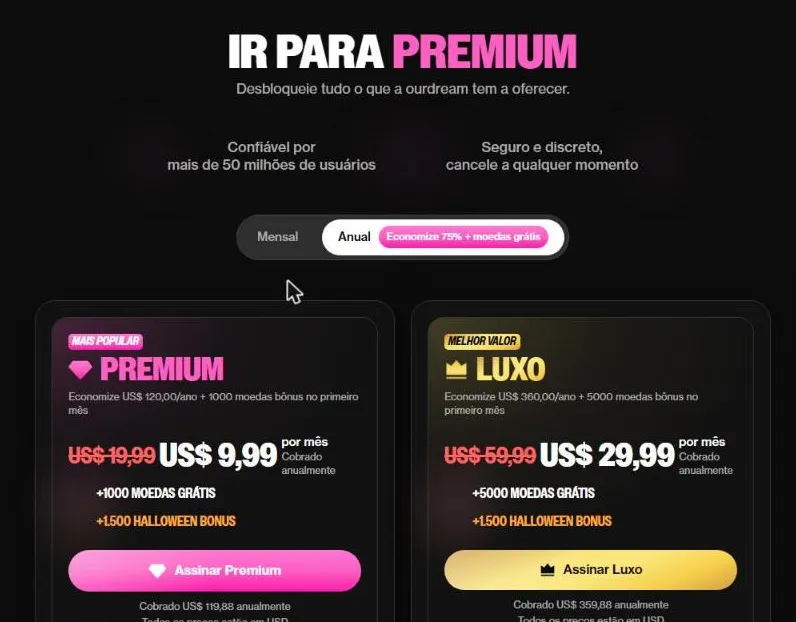 Página de preços do ourdream.ai em português, com os planos Premium e Luxo na opção anual